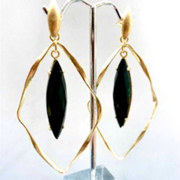Twisted Gold Diamond Shape Chandelier Earrings W/Faceted Black Onyx - Picture 1 of 4